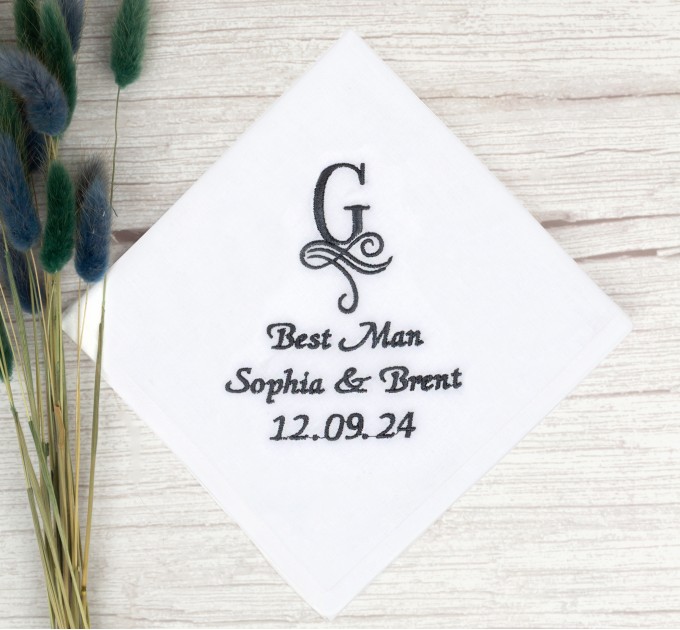 Embroidered Best Man Handkerchief with Monogram, Bride and Groom's Names, and Wedding Date - Personalized Keepsake