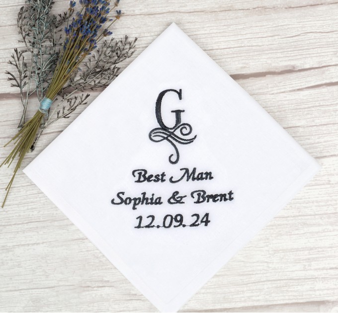 Embroidered Best Man Handkerchief with Monogram, Bride and Groom's Names, and Wedding Date - Personalized Keepsake