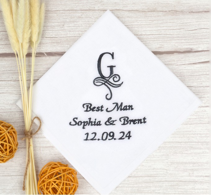 Embroidered Best Man Handkerchief with Monogram, Bride and Groom's Names, and Wedding Date - Personalized Keepsake