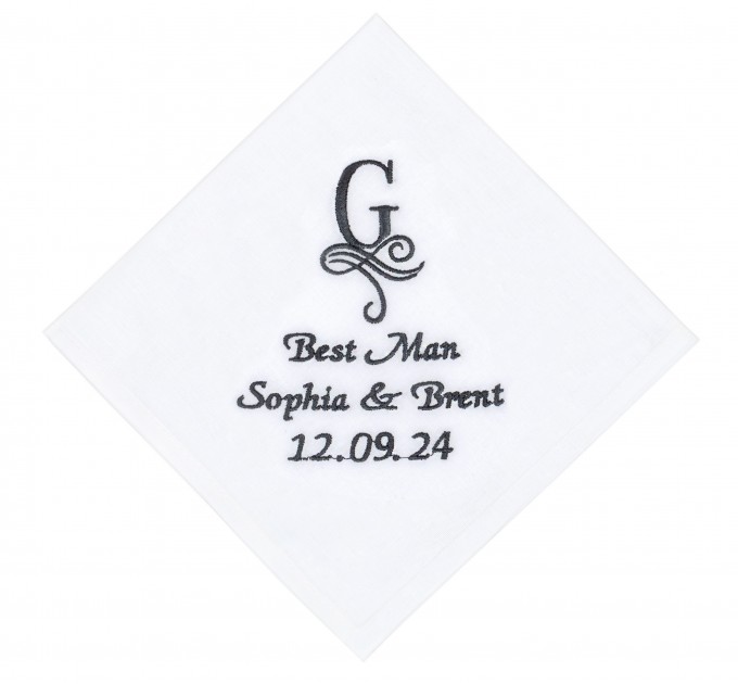 Embroidered Best Man Handkerchief with Monogram, Bride and Groom's Names, and Wedding Date - Personalized Keepsake