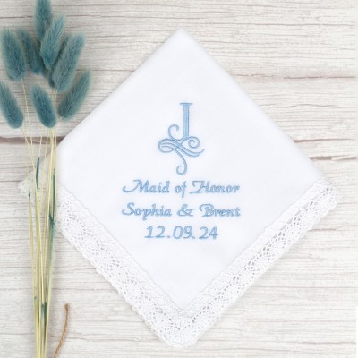 Maid of Honor wedding handkerchief Custom embroidered hankerchief for Bridesmaid from Groom and Bride Wedding day keepsake hanky hankie